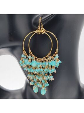 Turquoise Gold Tone Chandelier Earrings #2569